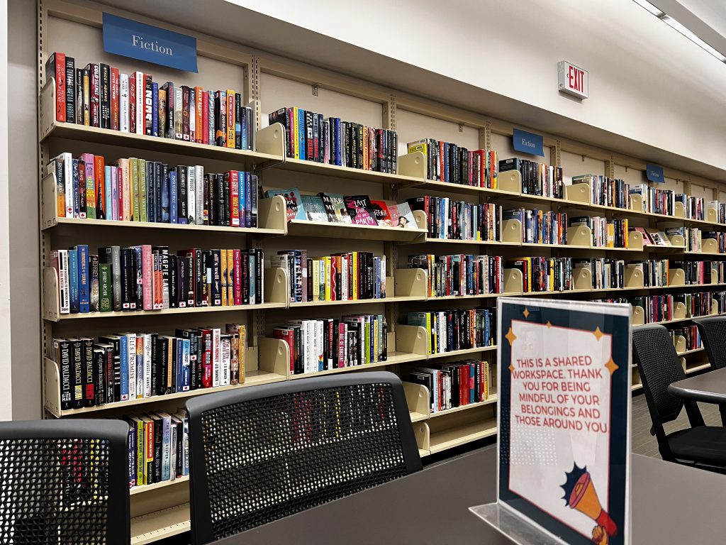 Bookshelves in the Fiction section of the Mount Pleasant branch of Vancouver Public Library